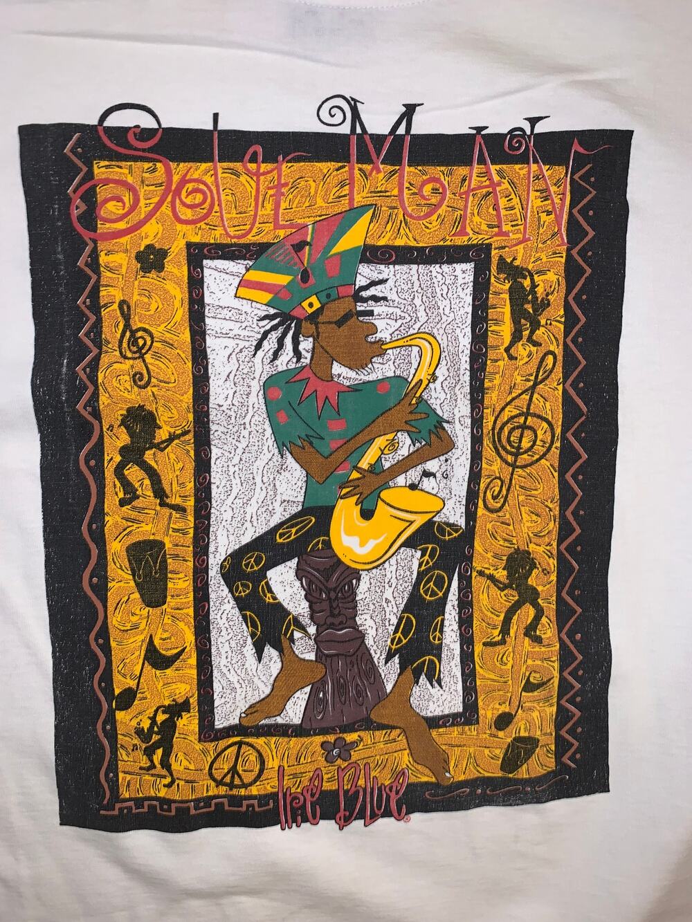 Vintage 90s Irie Blue Soul Man Saxophone T Shirt Barbados Reggae L/XL